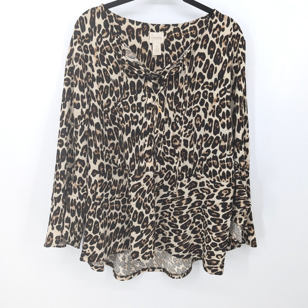 Chicos Blouse Women XL Tan Leopard Print Lace Up V-Neck Bell Sleeve Contemporary